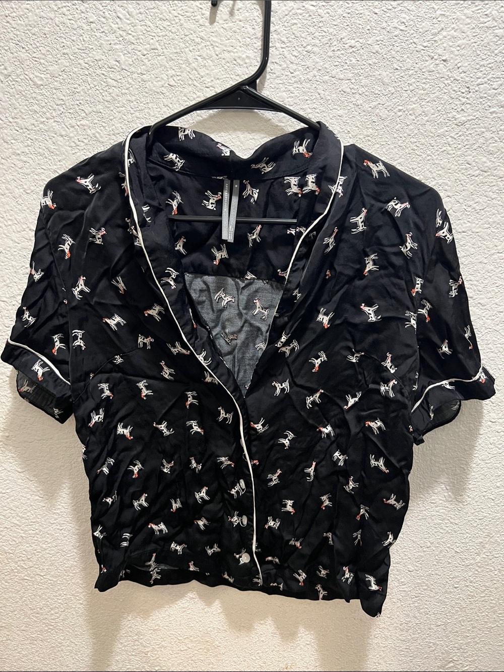 Anthropologie Black Short Sleeve Pajama Top with White & Red Dog Print